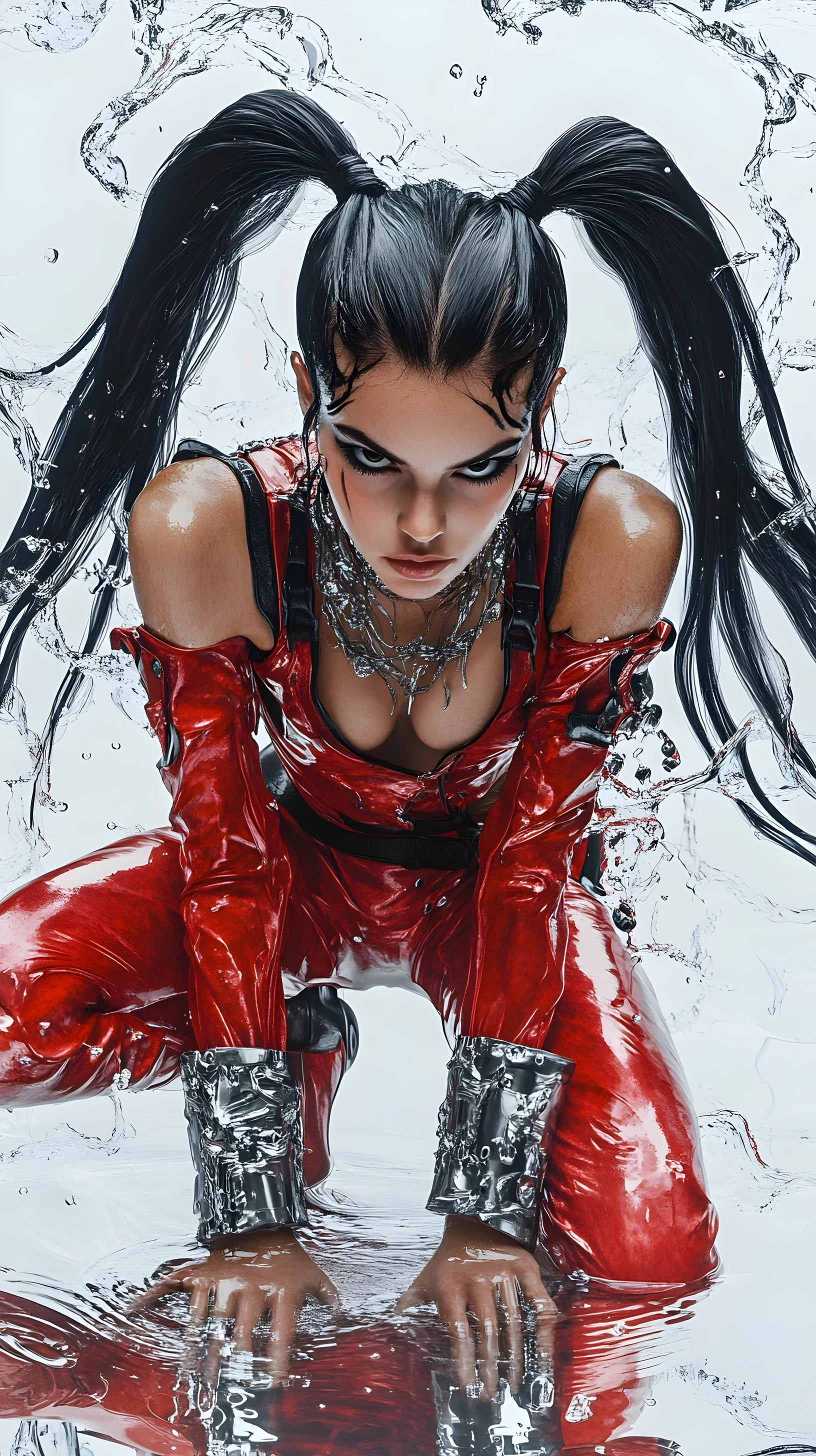 Warrior woman in dynamic crouching pose with flowing ponytails