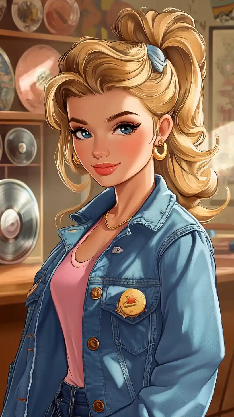 Rockabilly blonde woman in an anime style record store