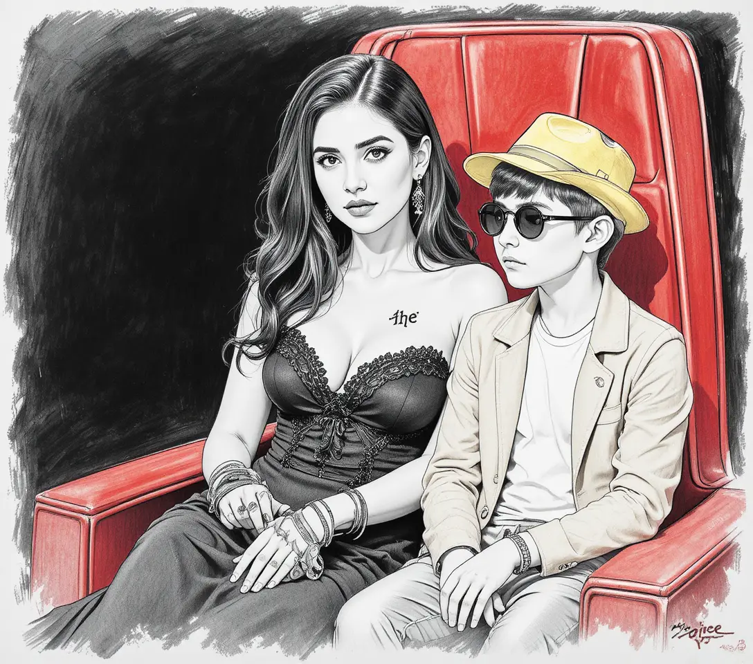 Serious woman and worried boy on red talent show chair