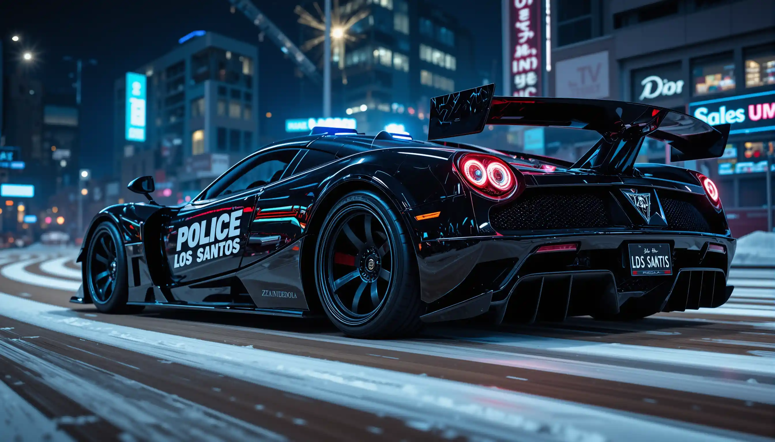 Supercar della polizia Pagani nera che corre su strada innevata in città