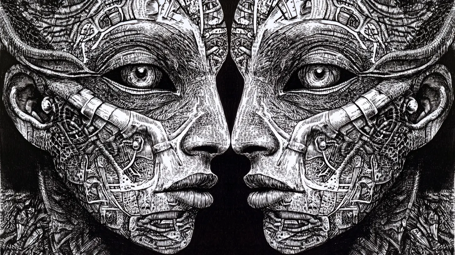 Surreal split face portrait merging human and mythic forms