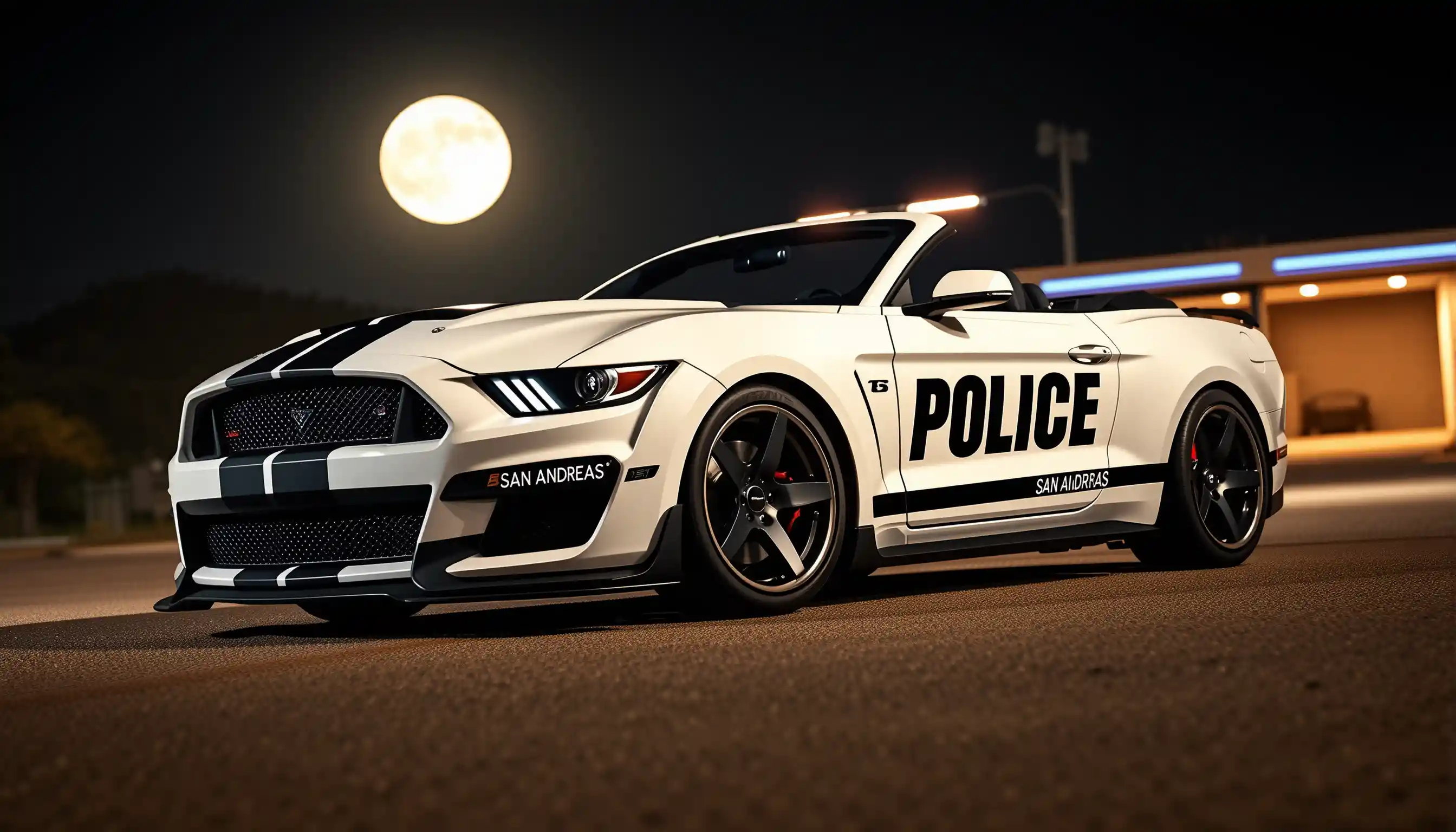 Close up of white police sports car at desert gas station