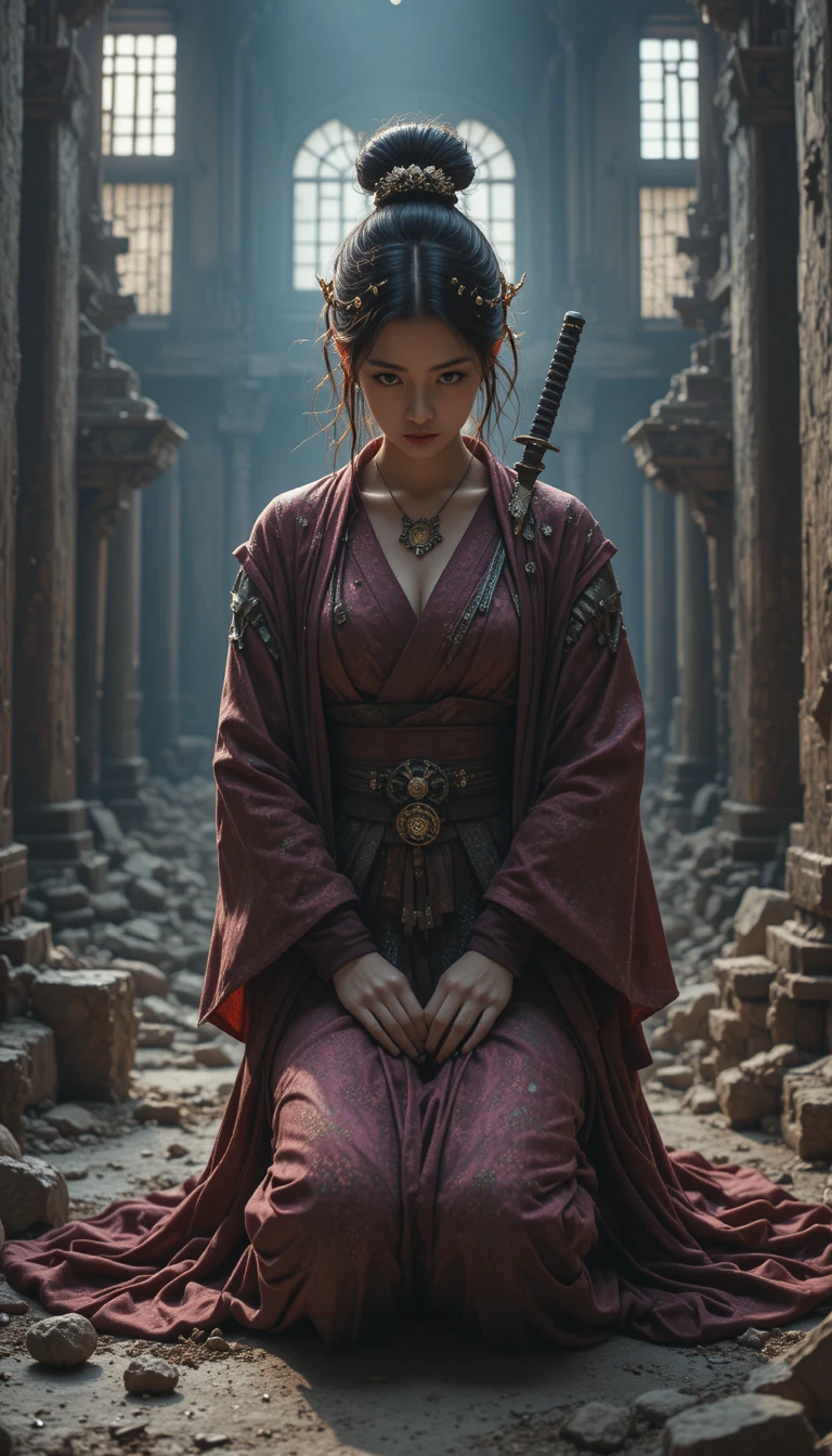 Kneeling warrior woman in ruined temple interior