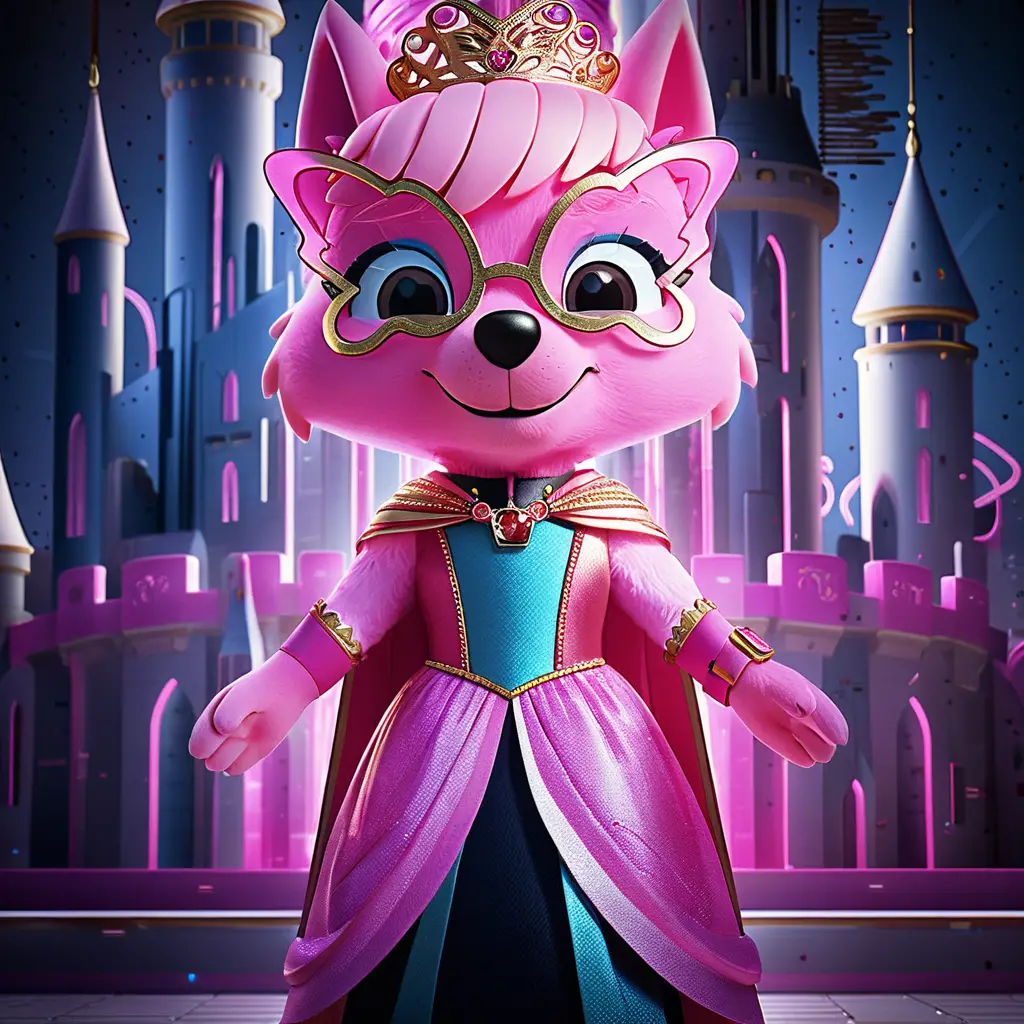 Dog mascot princess standing in a city street scene