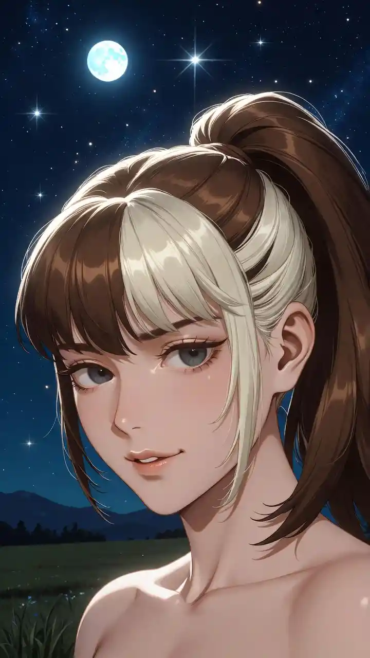 Confident anime girl under a bright moonlit countryside sky