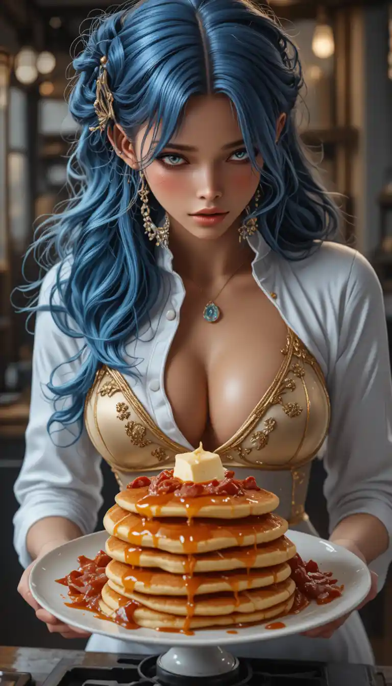 Seductive blue haired chef serving pancakes in the kitchen