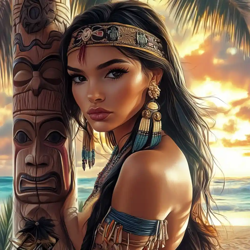 Native woman leaning on totem by tropical sunset beach