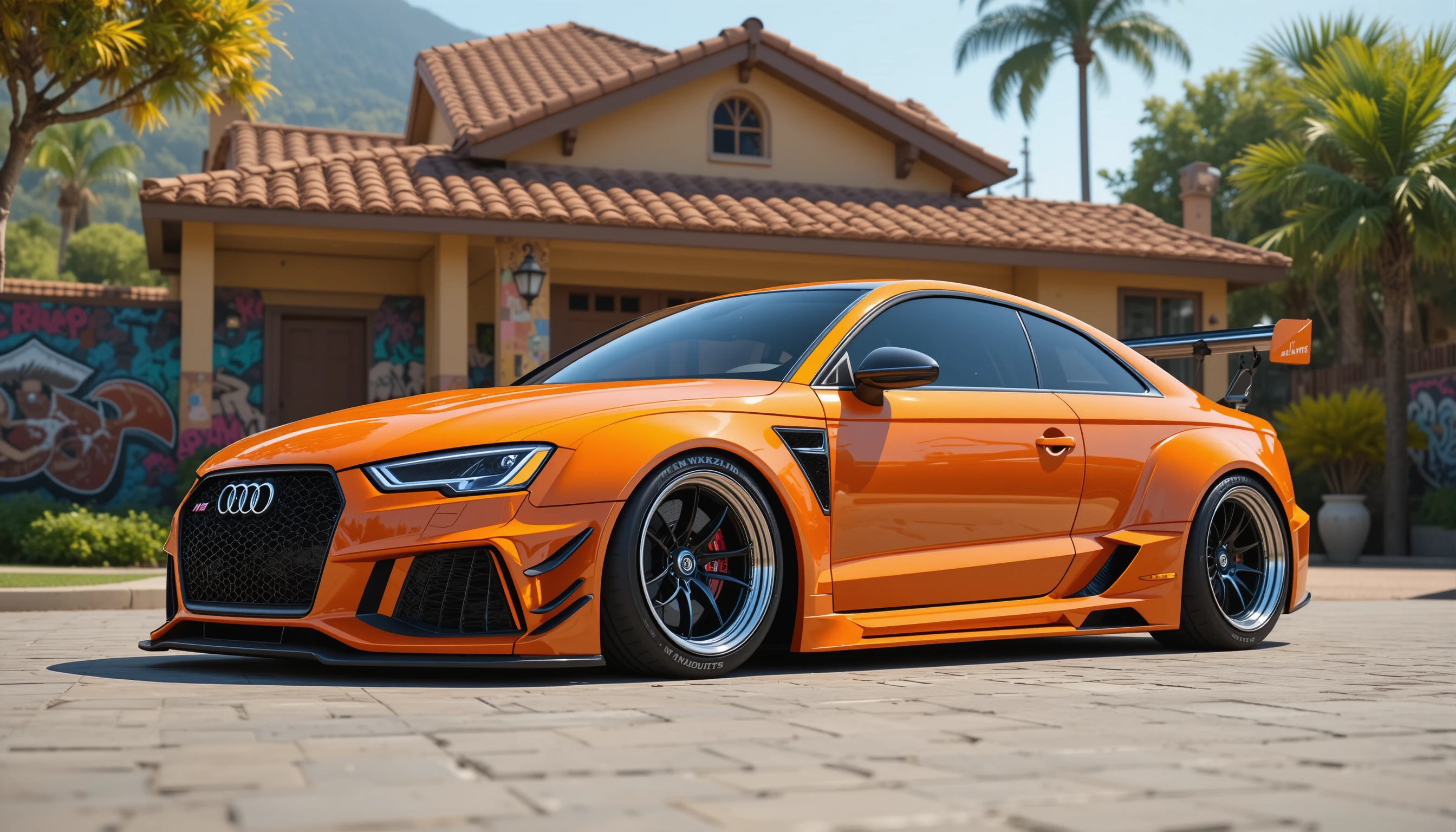 3D sports car on a tilted street with graffiti house background