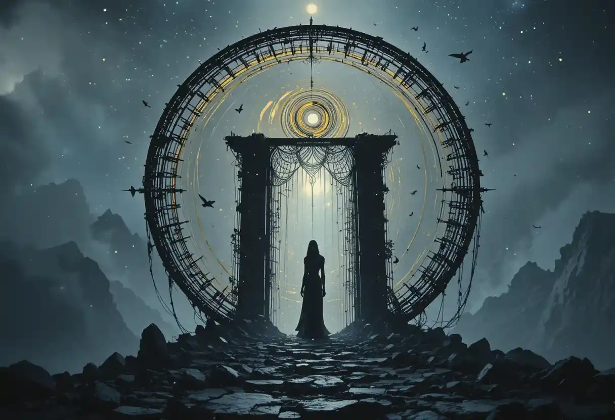 Raven Within A Glowing Cosmic Spiral Gate Of Golden Threads