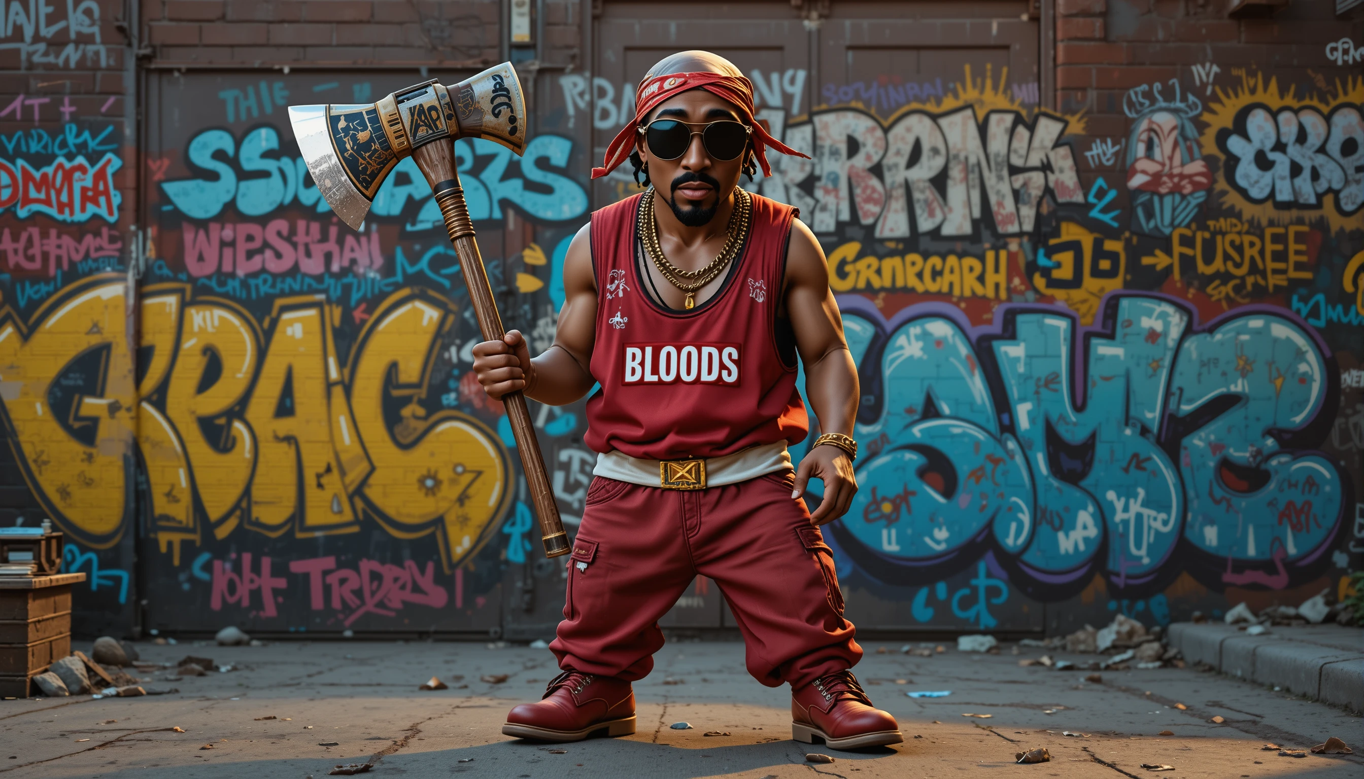 3D cartoon rapper in red streetwear with axe in Compton