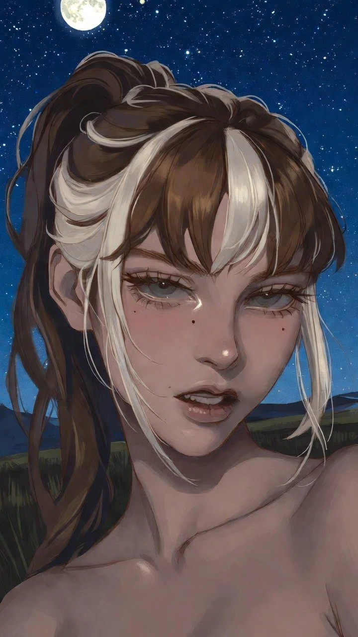 Ragazza anime sicura di sé sotto un cielo rurale illuminato dalla luna