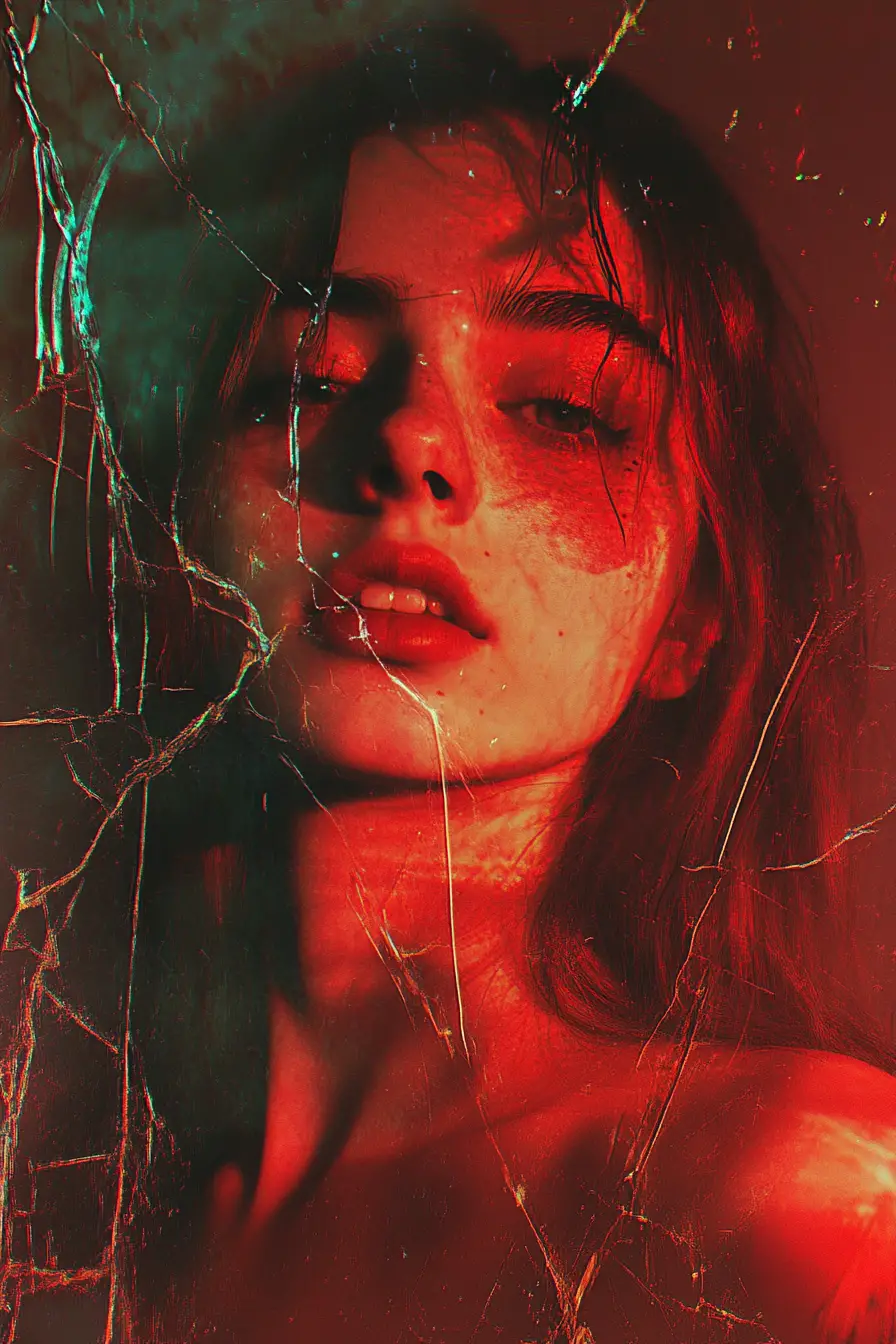 Girl facing her fractured reflection in a dark frame