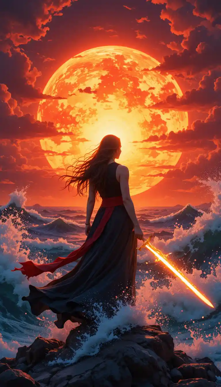 Woman warrior faces a blazing sun over stormy sea