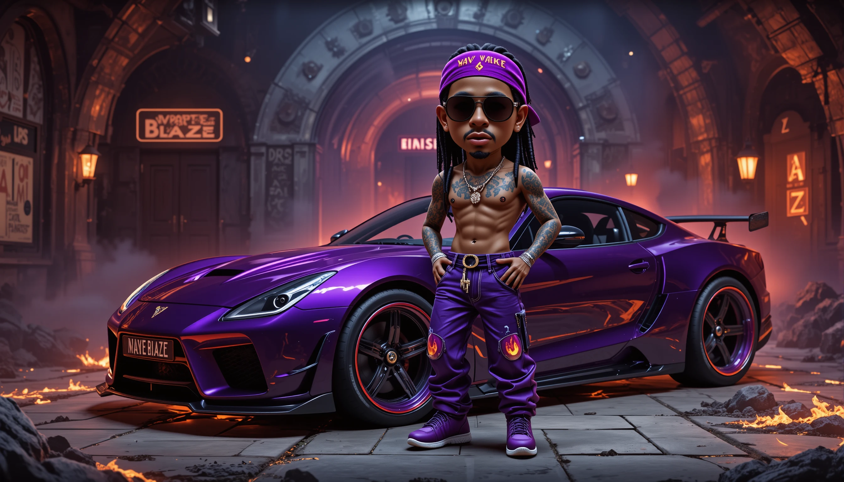 3D rapper boss posing beside purple custom hypercar