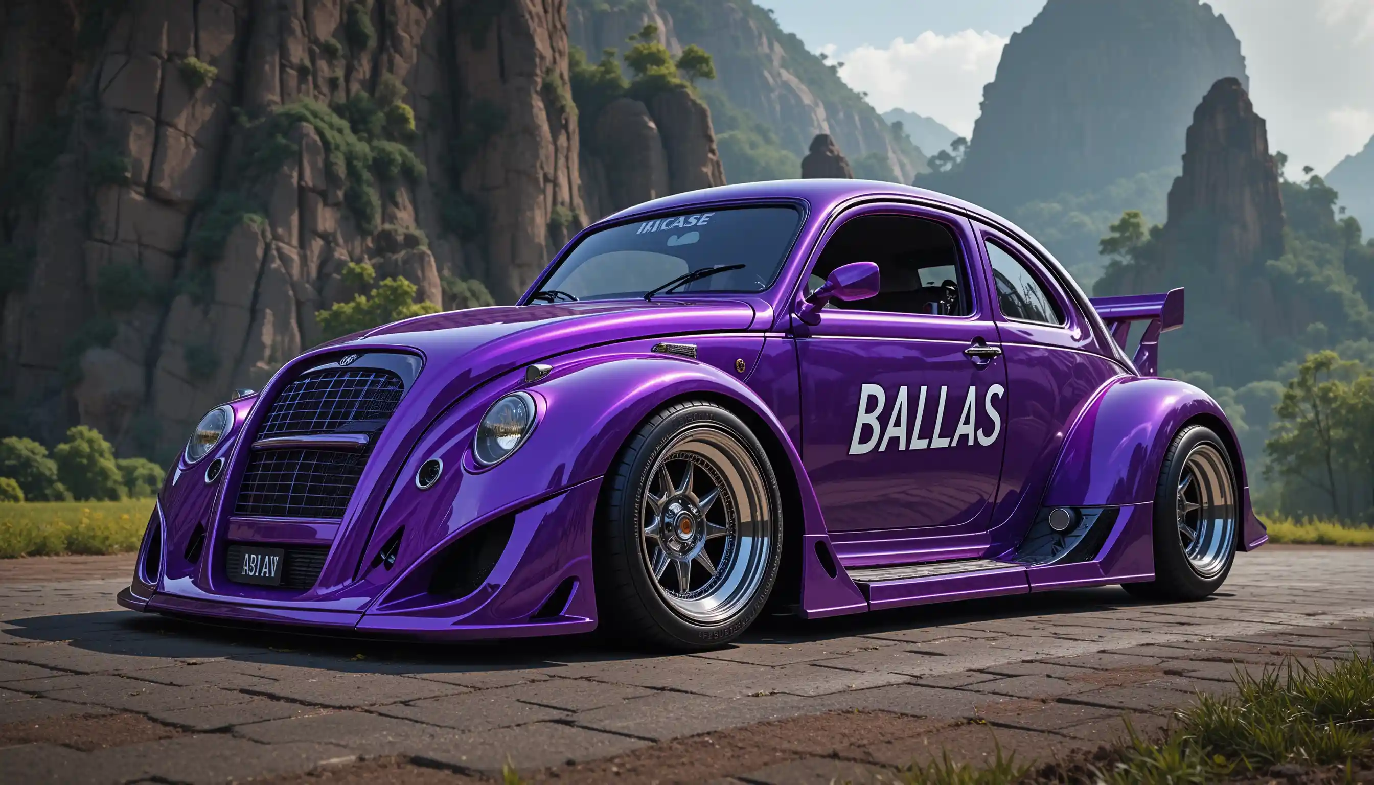 Extreme close up of glossy purple micro car with spoiler
