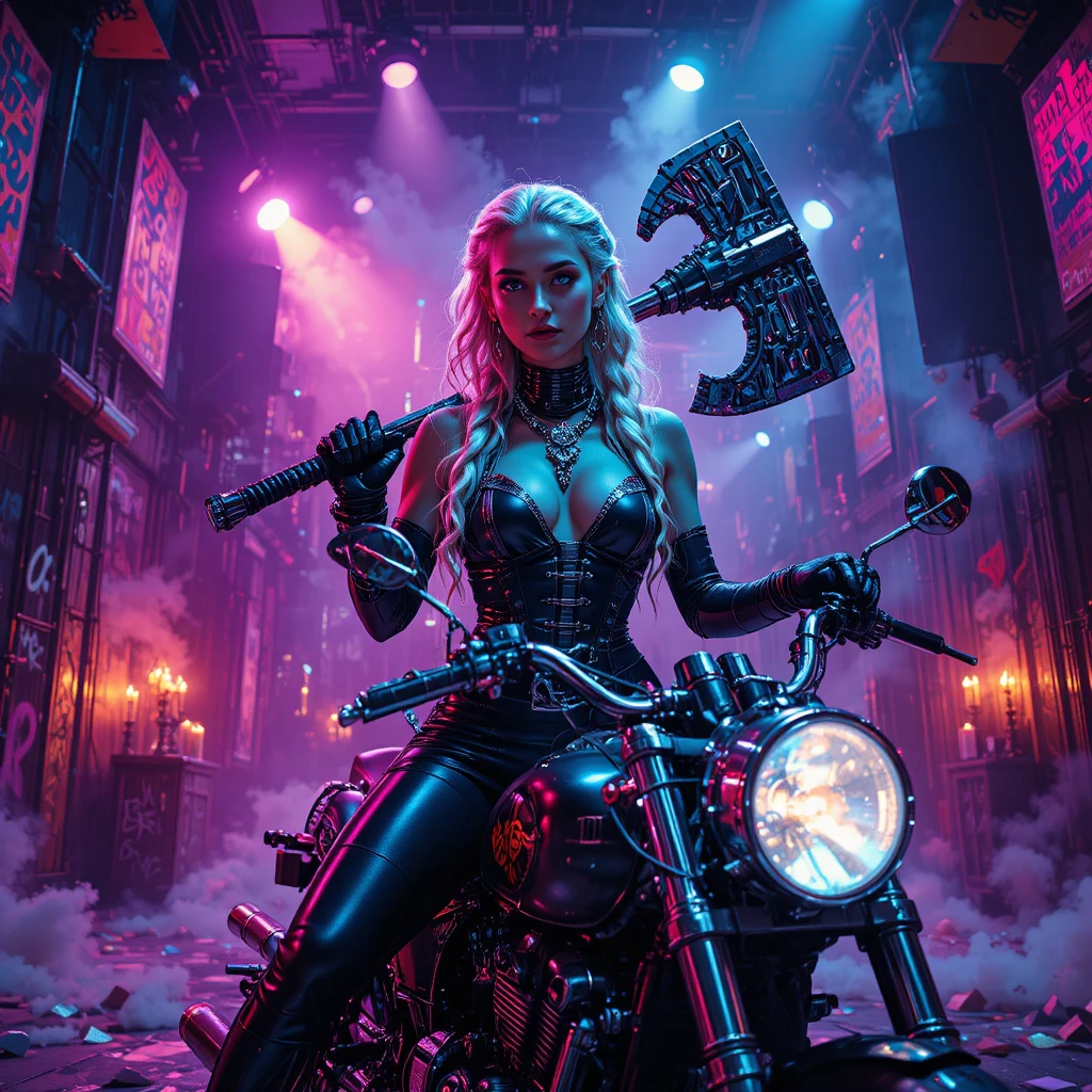 Cyberpunk warrior queen on chrome bike in neon hall