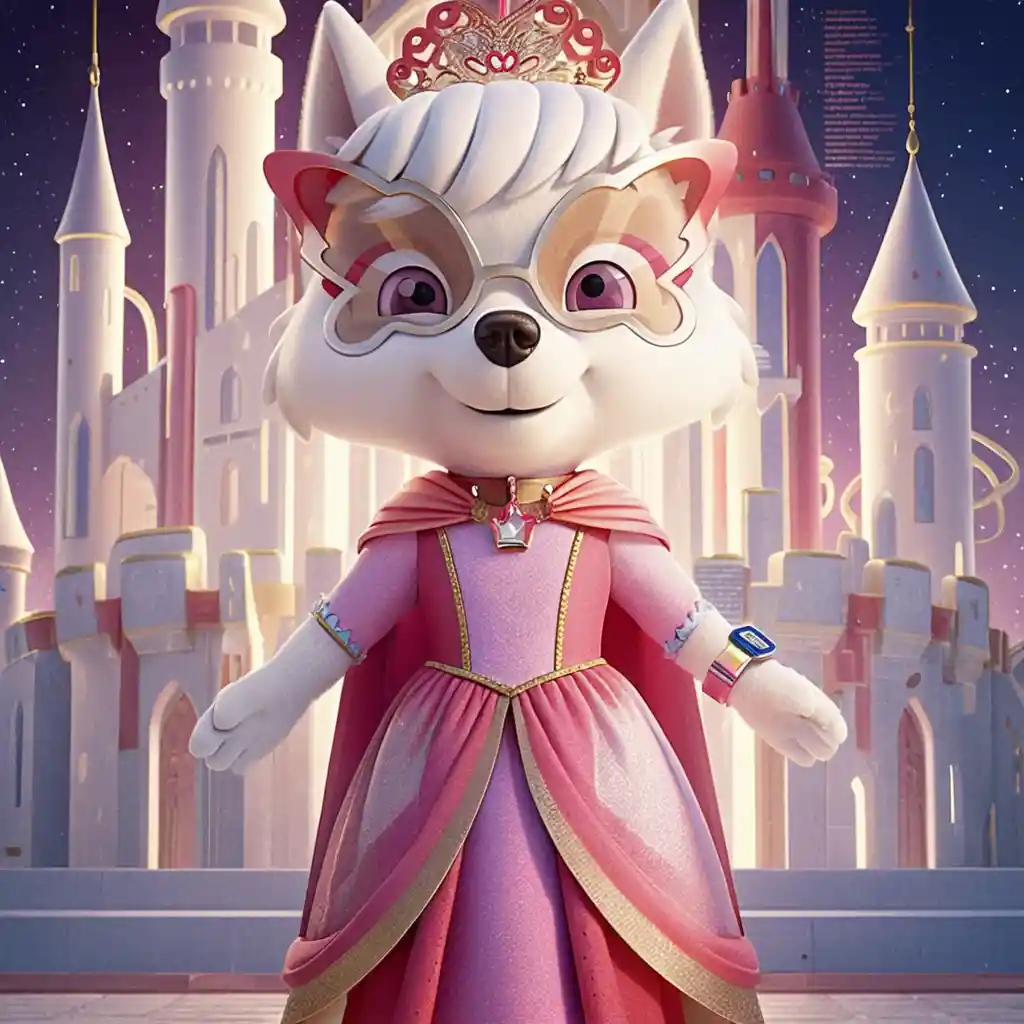 Dog mascot girl standing in front of a fantasy apple castle