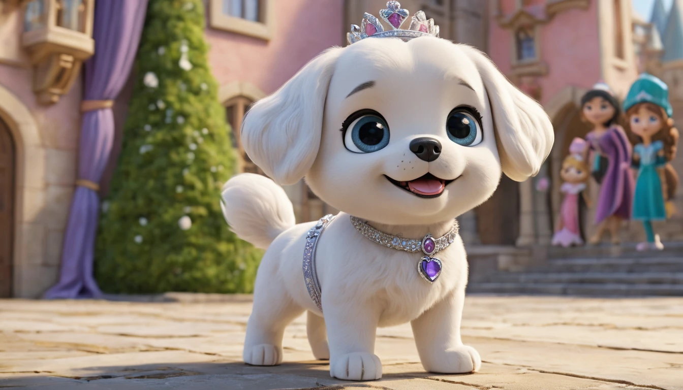 Princess pup mascot standing upright in a clean photo scene