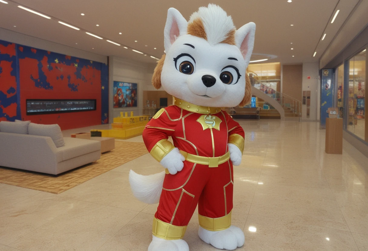 Girl mascot in dog themed superhero costume posing confidently