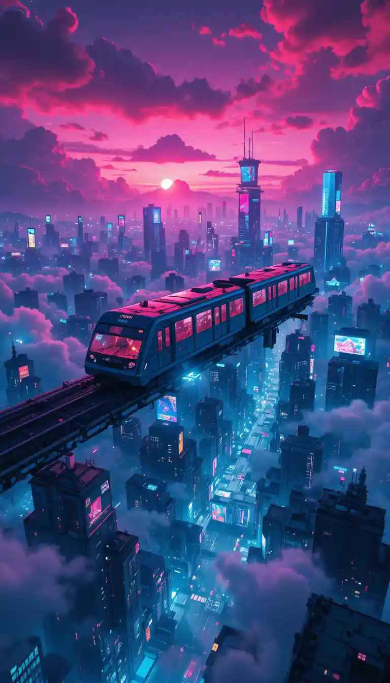 Futuristic anime sky train over neon city at night