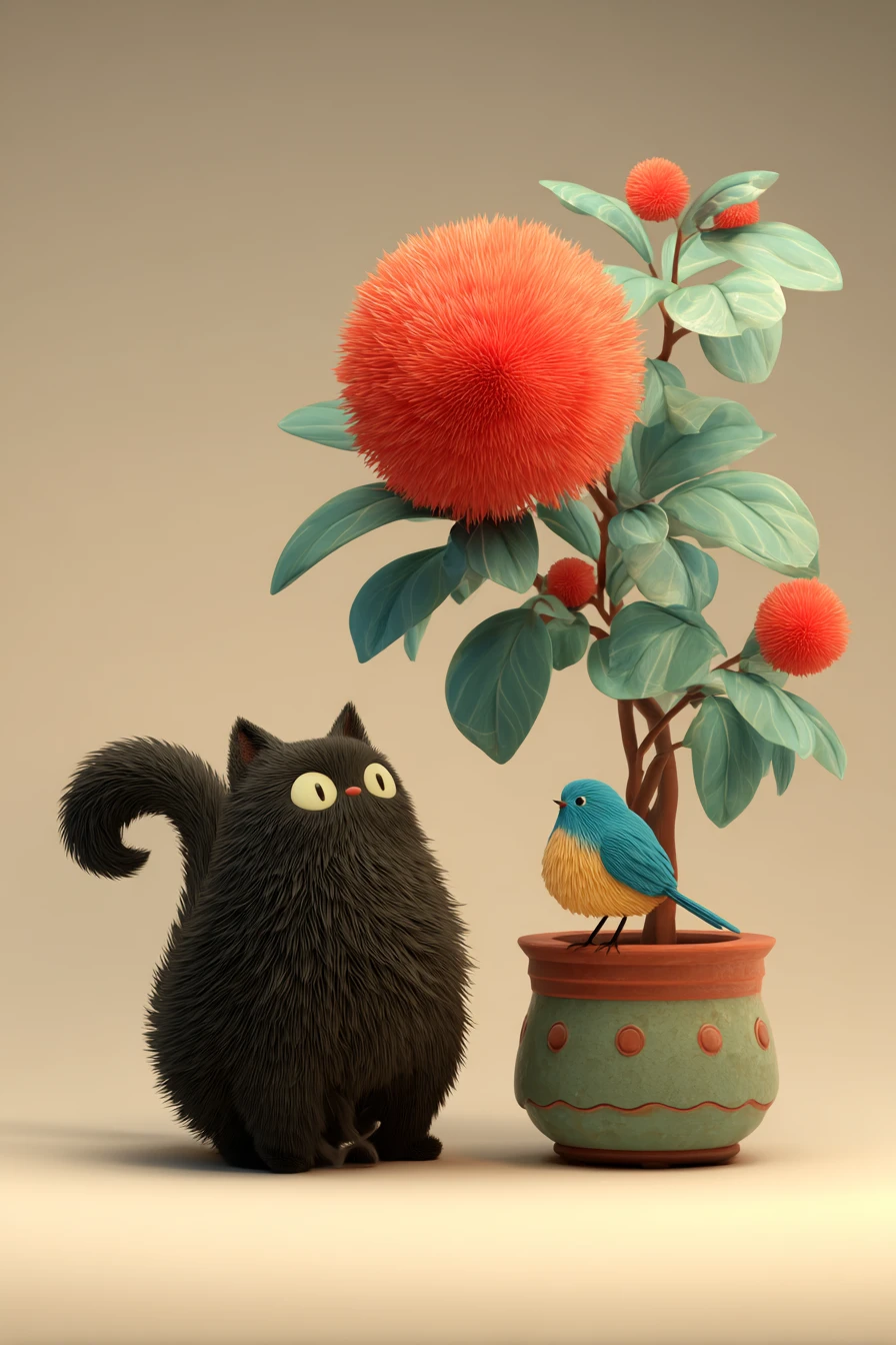 Curious Black Cat Watching A Blue Bird On Red Flower