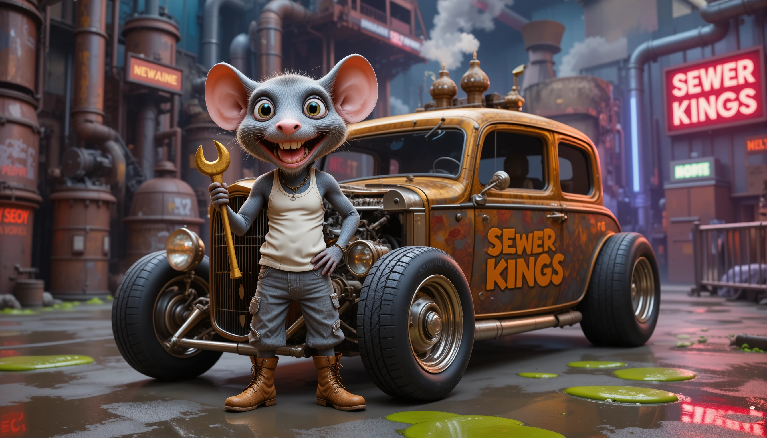 Gangster rat with golden wrench beside custom hot rod limo