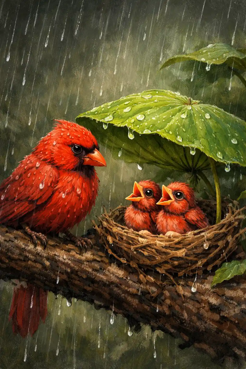 Cardinal Parent Sheltering Chicks Under Lotus Leaf In Rain