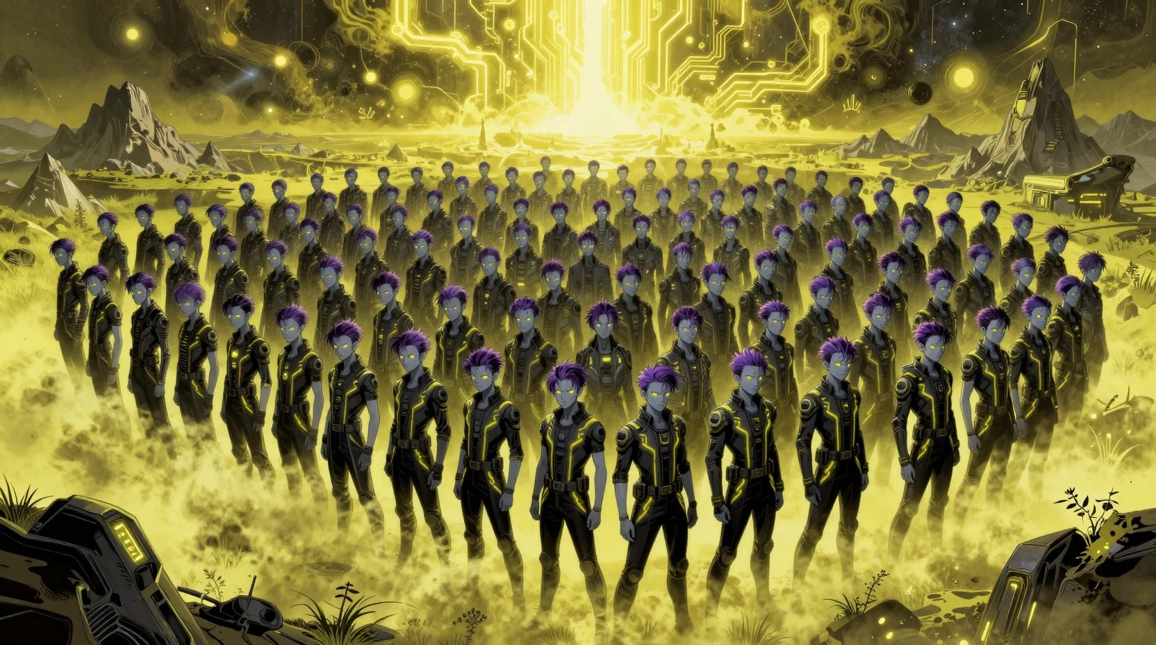 Endless teenage boys in a neon sci fi cosmic landscape