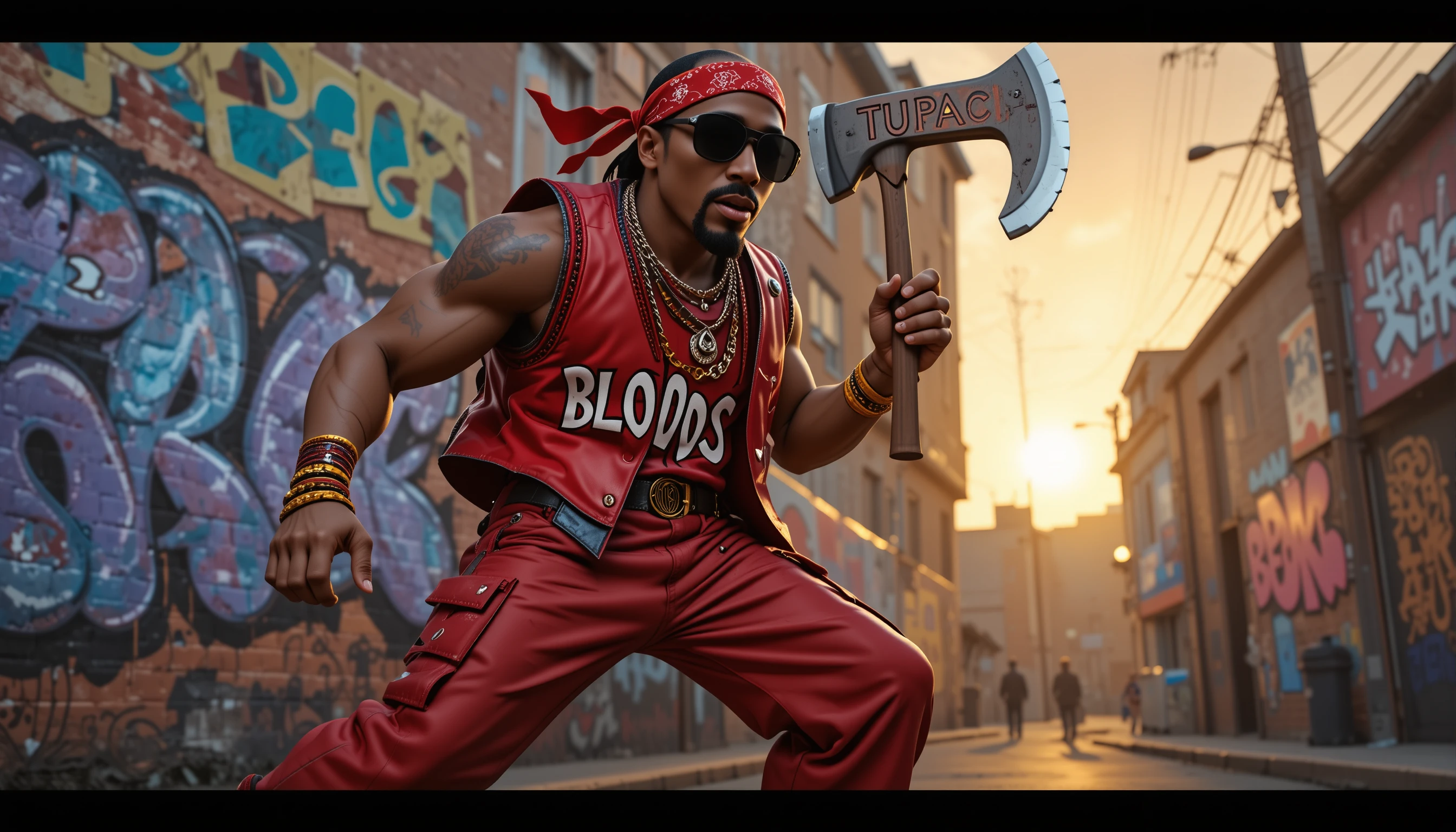 3D cartoon rapper with axe on gritty Compton street