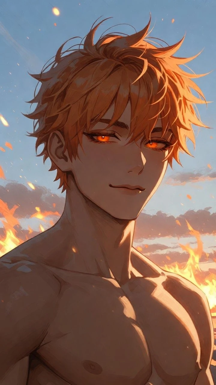 Confident anime man standing outdoors under glowing sunset sky