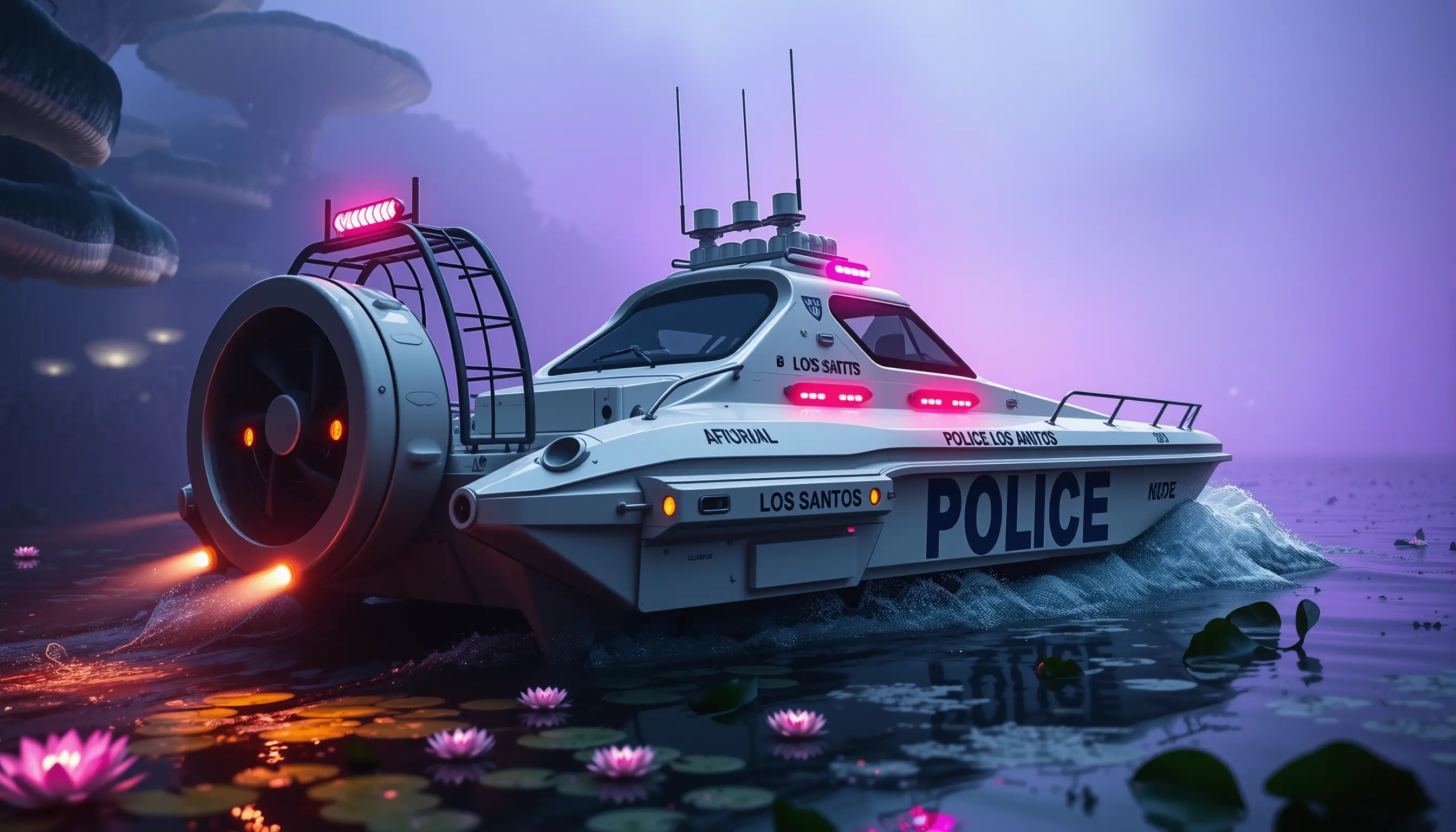 Close Up Police Airboat In Bioluminescent Fantasy Swamp