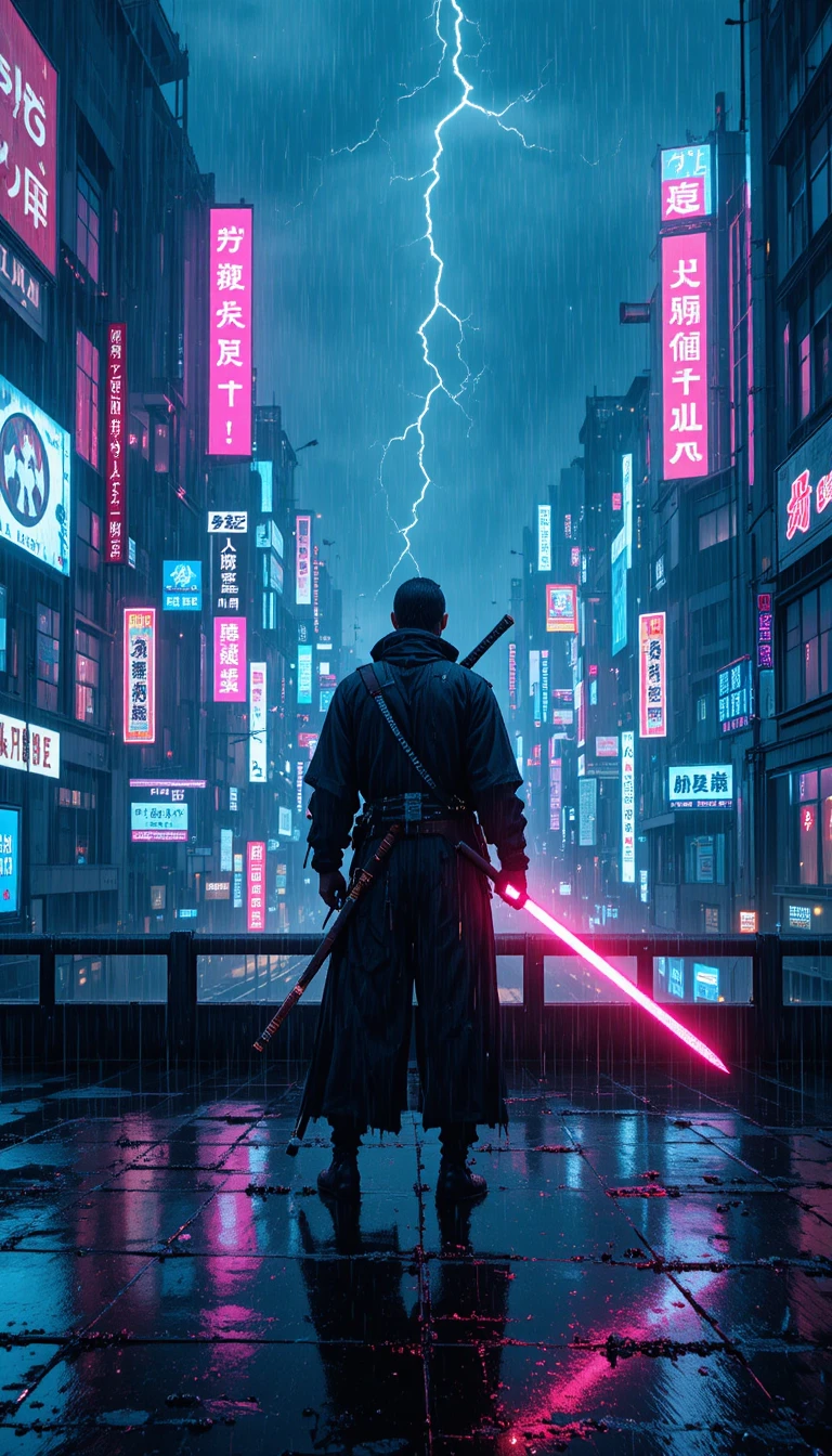 Cyber ronin on a neon rooftop in futuristic Tokyo