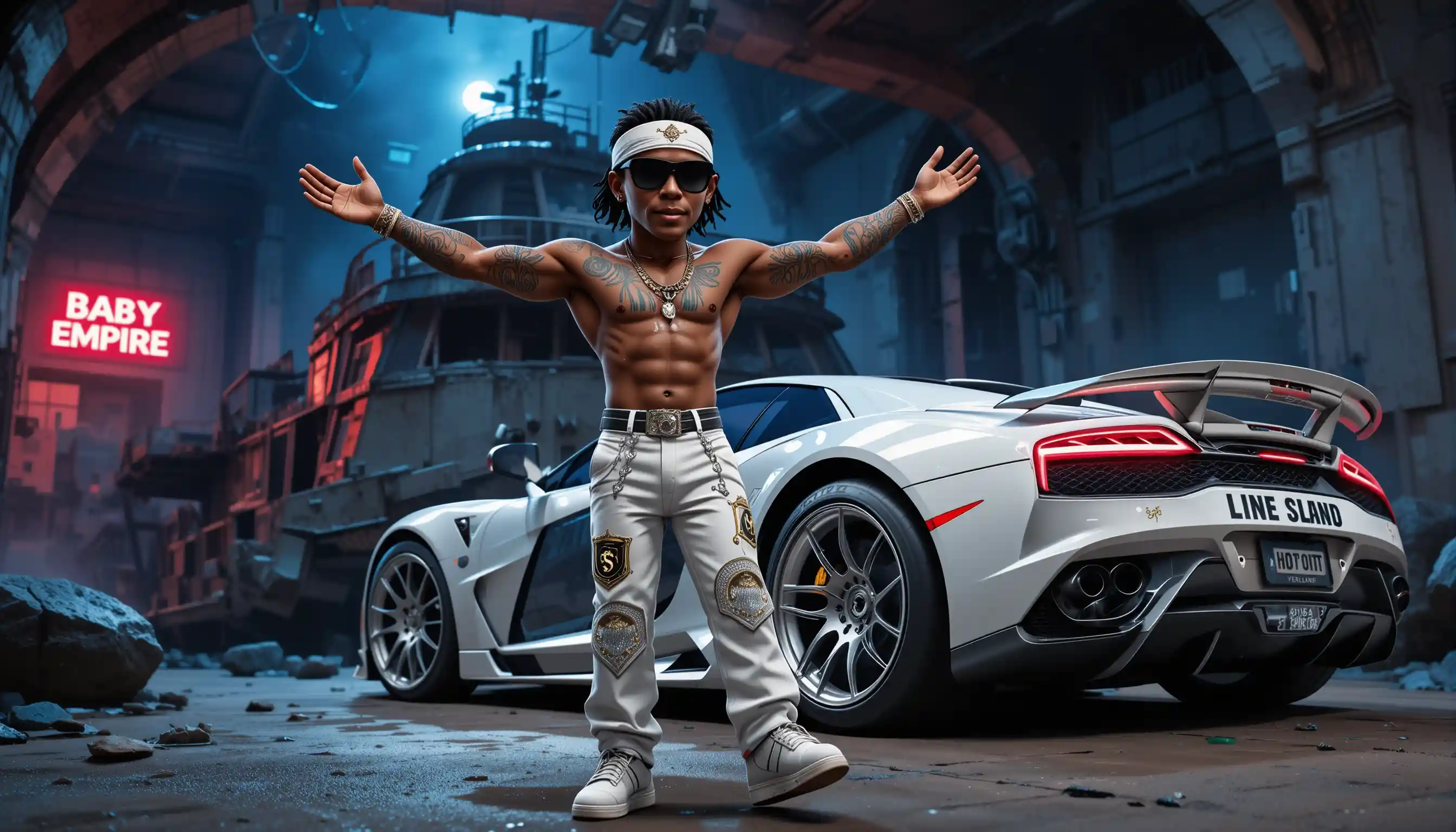 Cartoon gangster boss with hypercar in neon lit night street