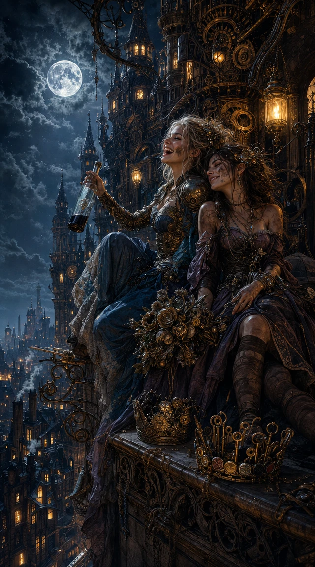 Two rebellious princesses on a midnight castle balcony