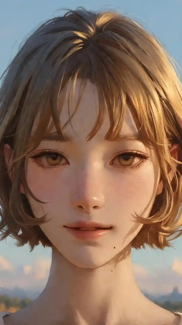 Anime girl under a clear dawn sky with gentle sunlight