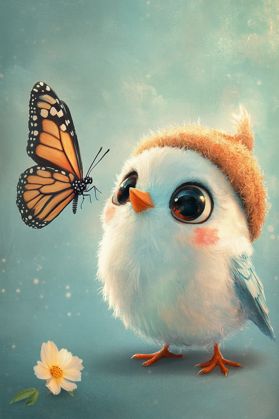 Cute cartoon bird with monarch butterfly on teal background