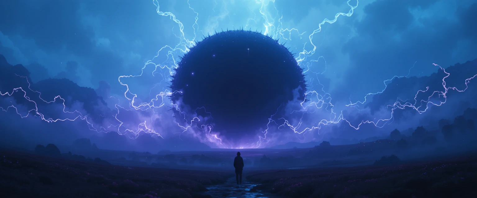 Surreal foggy landscape with a colossal black circle
