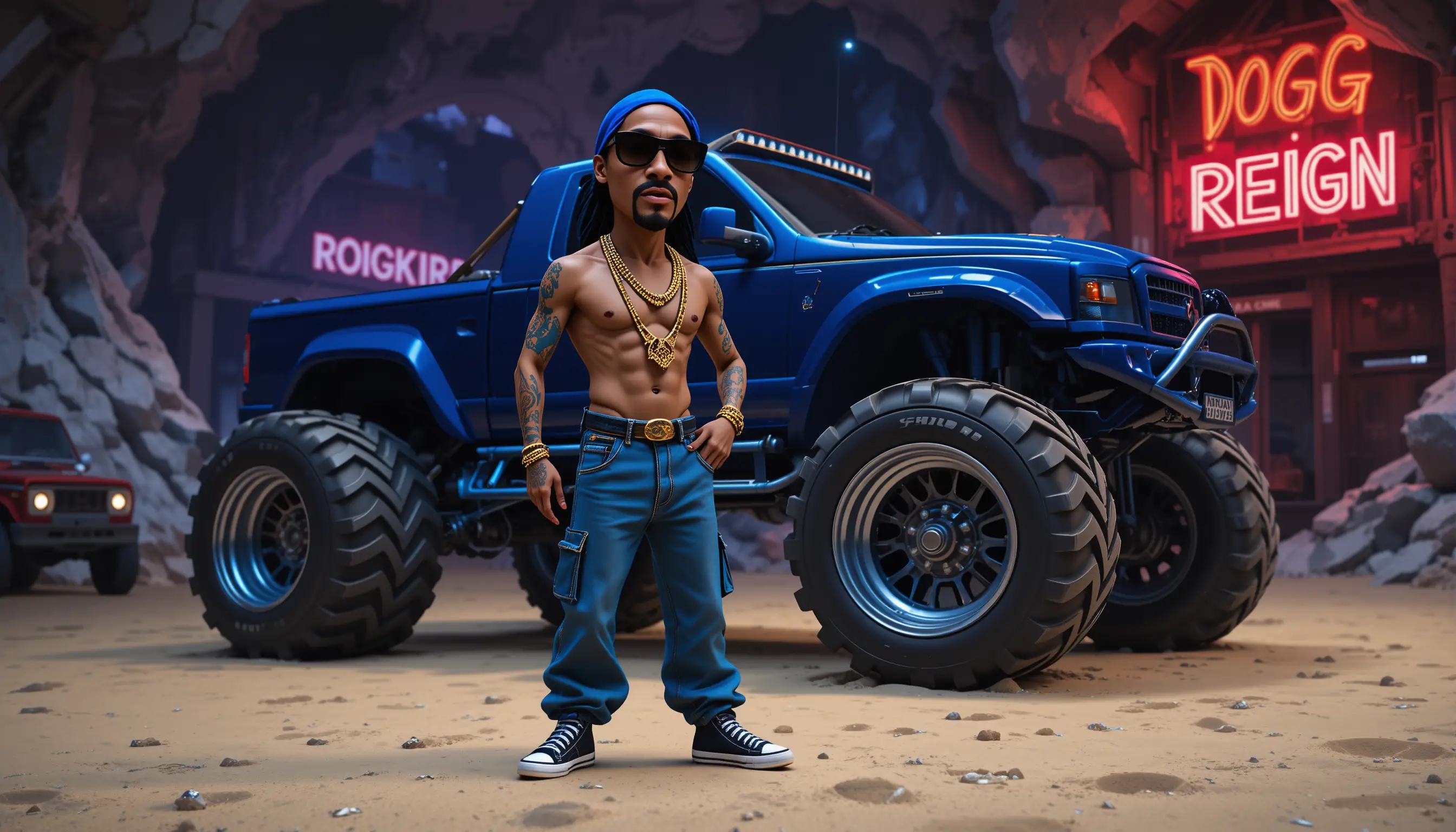 3D gangster boss with monster truck in crystal cave