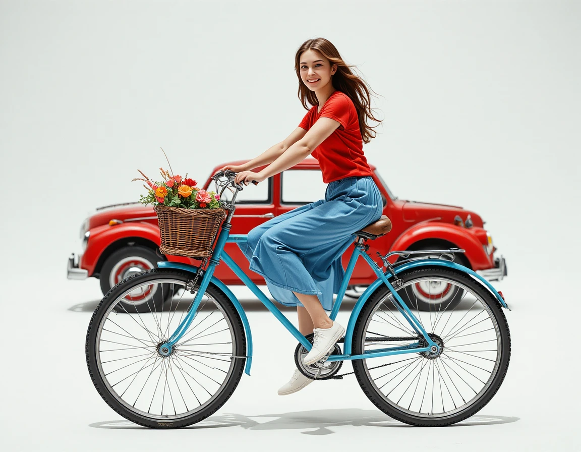 Young woman riding retro blue bicycle against white background