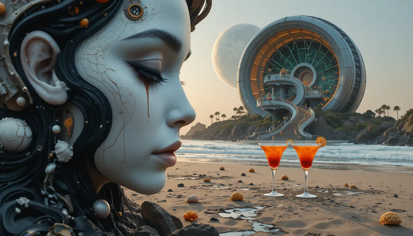 Complexe Futuriste sur une Plage Alien au Coucher du Soleil