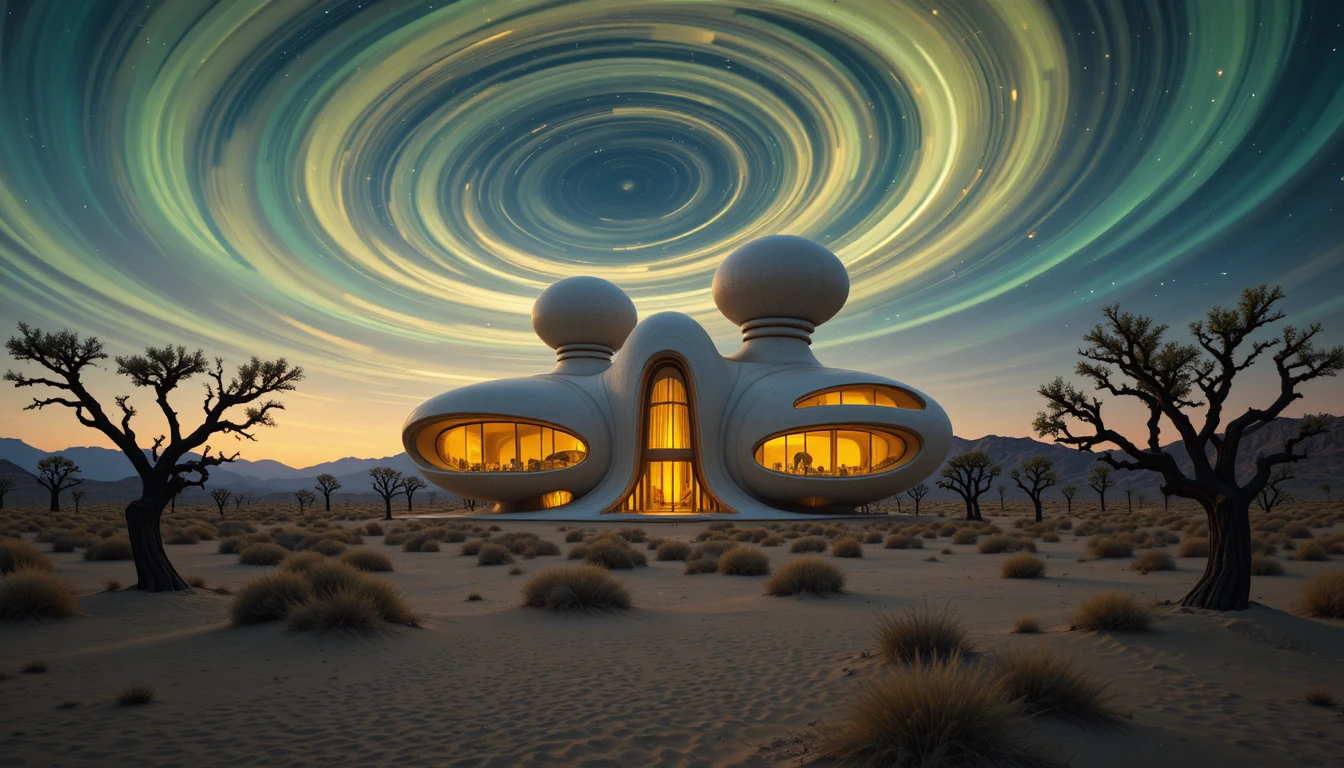 Surreal futuristic building glowing in a vast desert
