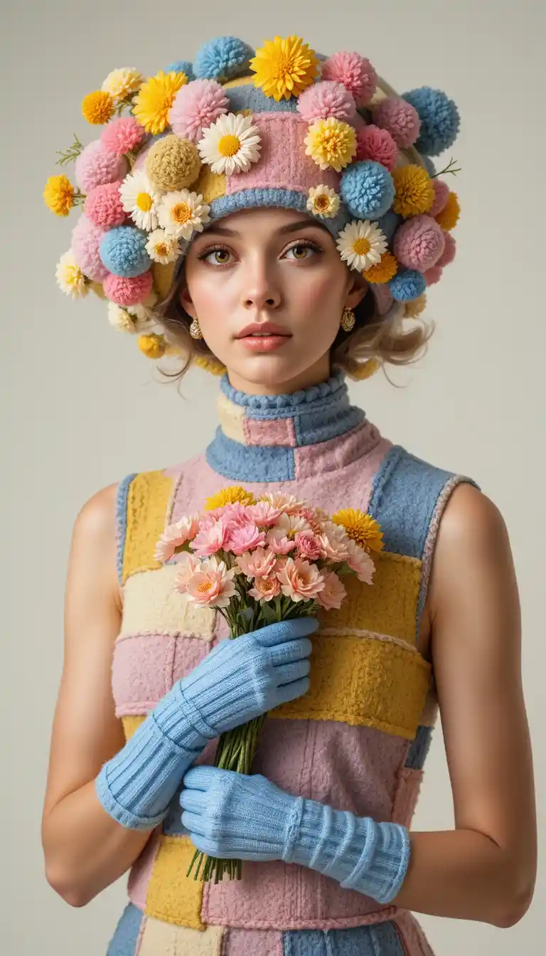 Whimsical fashion portrait with floral pom pom headpiece