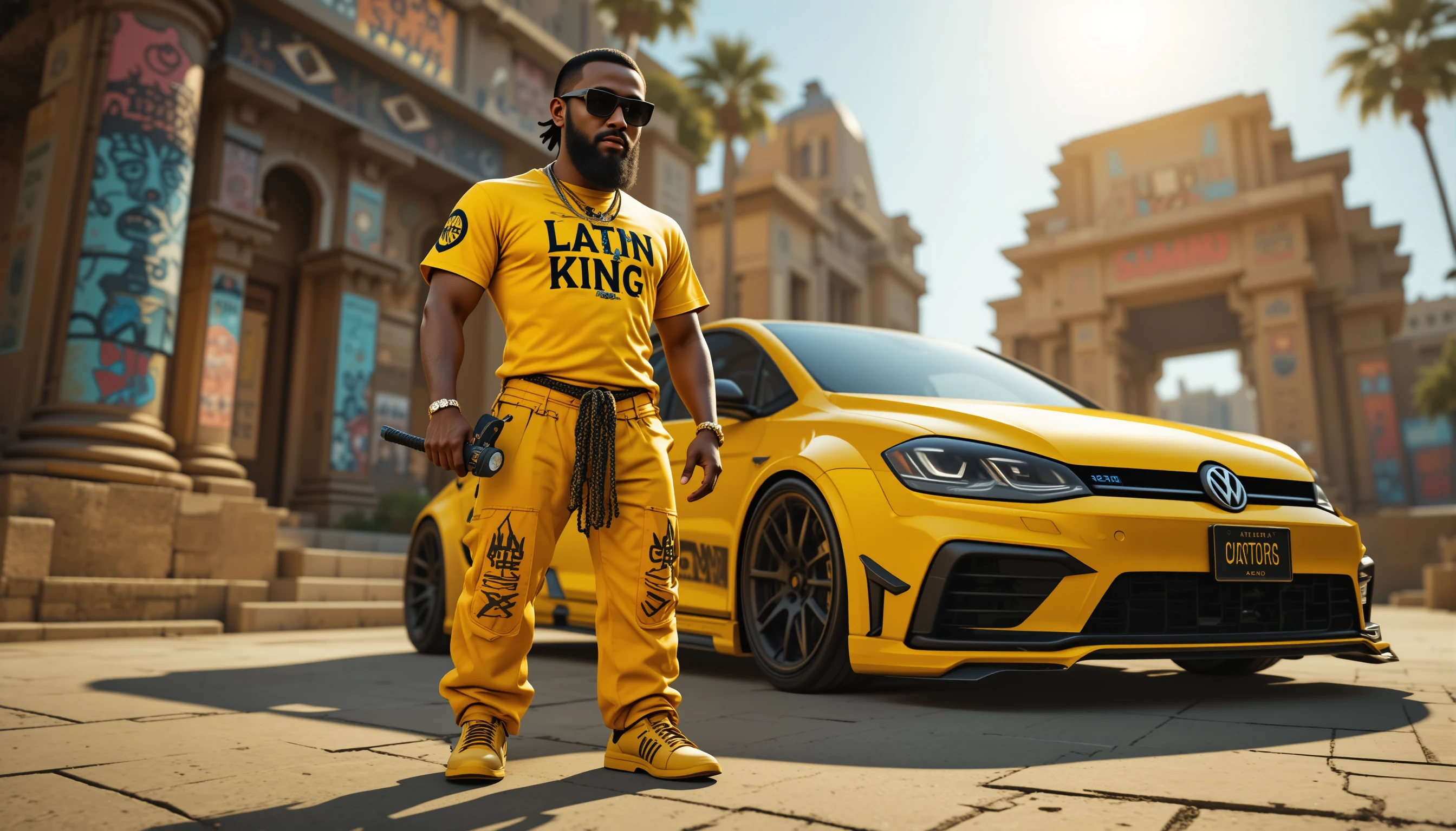 Stylized man with katana beside yellow custom sports car