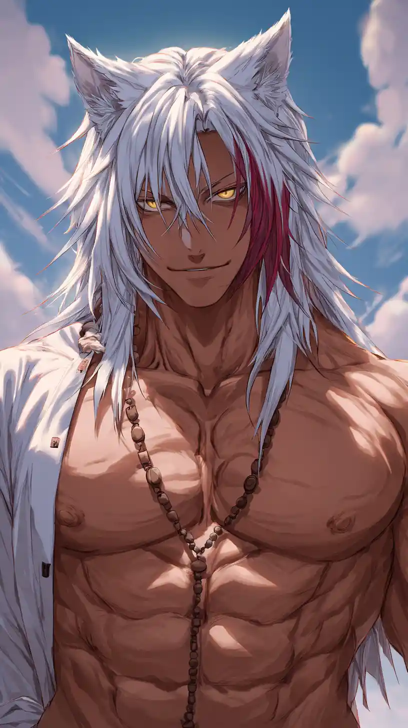 White and red haired anime man with heterochromia outdoors