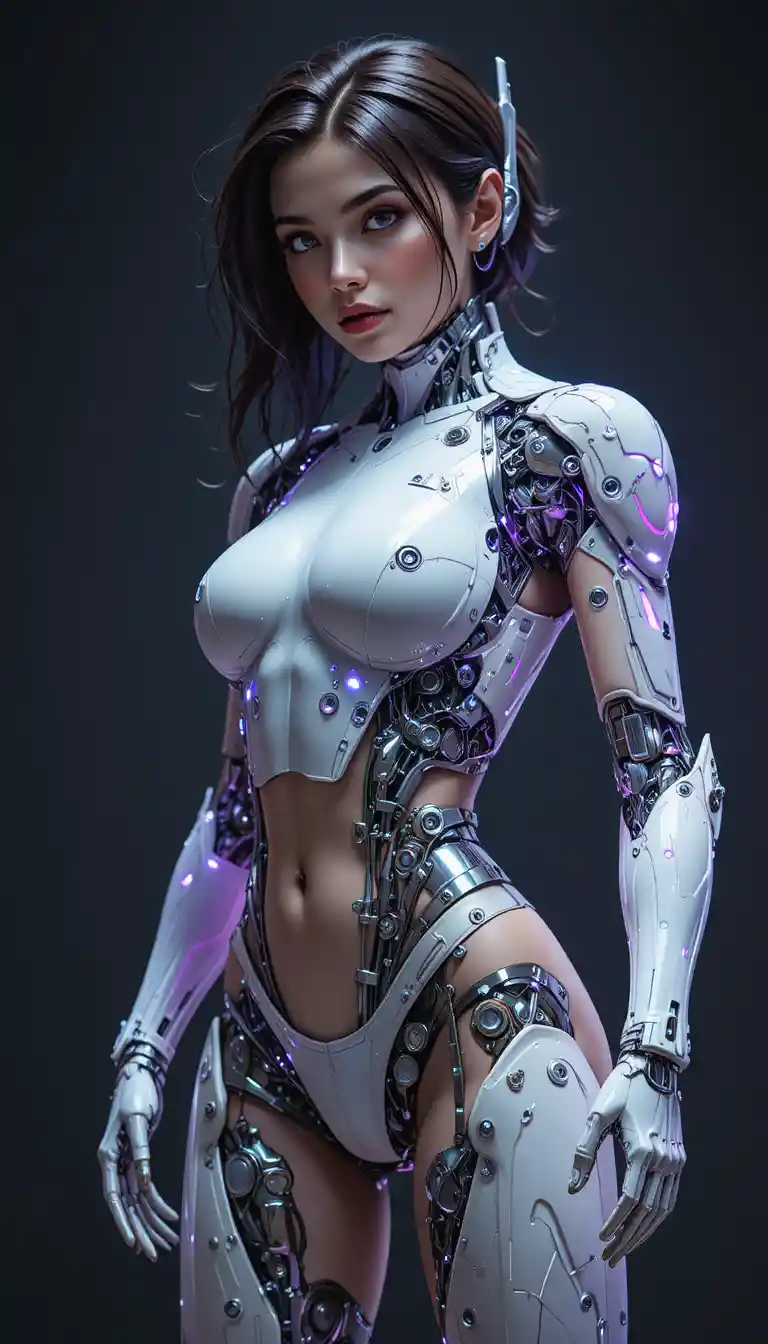 Brunette cyborg woman in sleek white armor mid action pose
