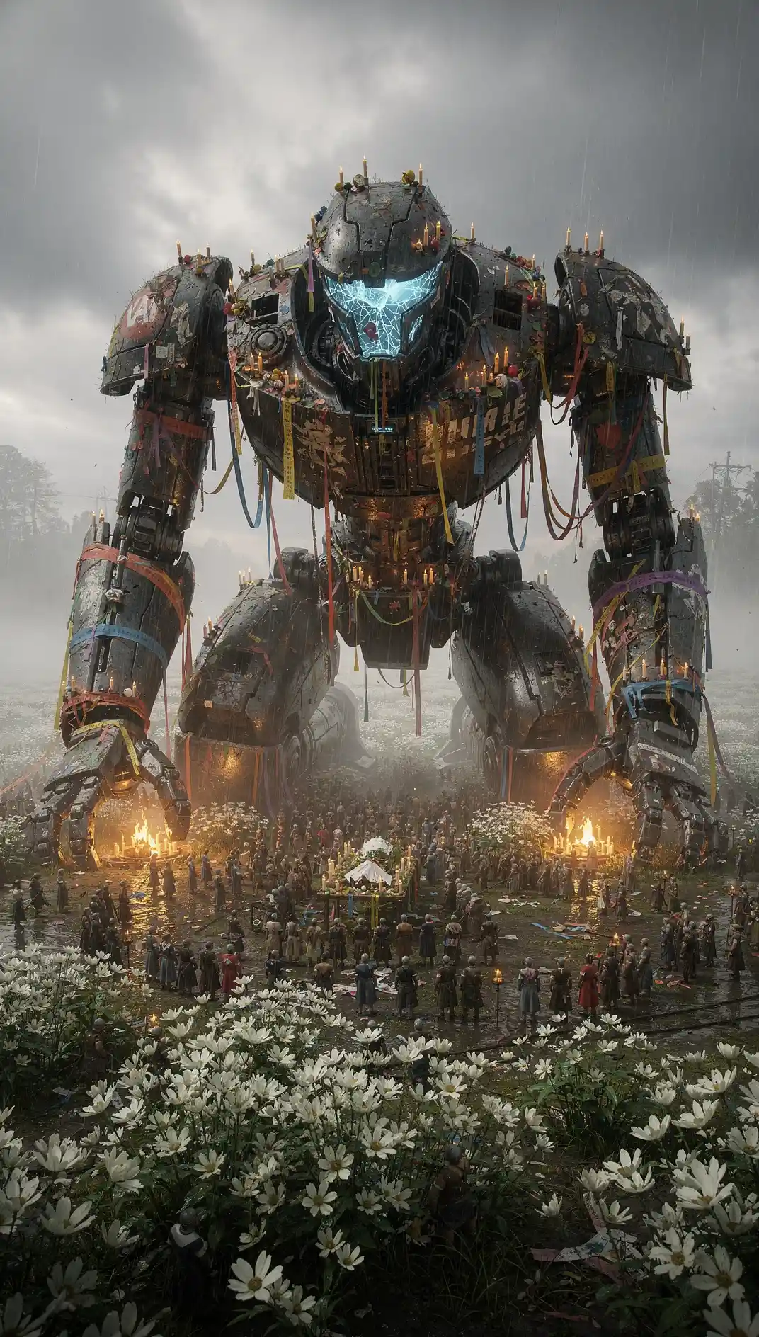 Gigantesco mech da guerra abbattuto viene pianto in un campo di fiori bianchi