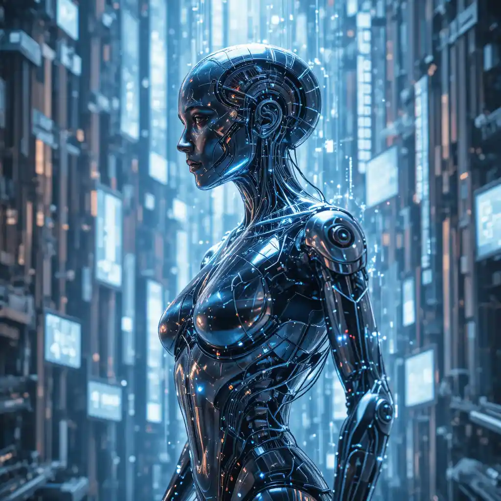Robot umanoide IA che si forma da codice olografico a cascata