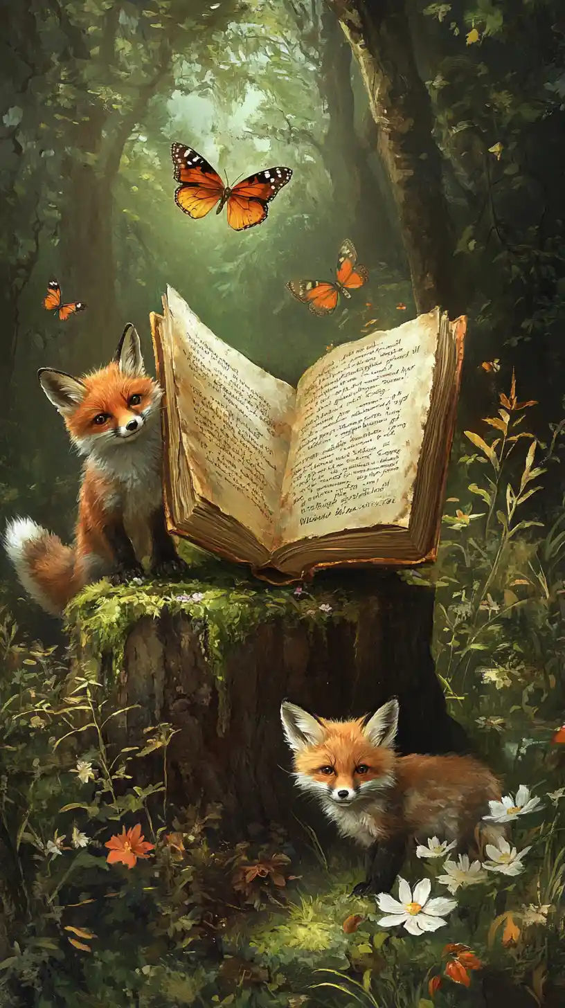 Fox family studying an open book on a forest stump