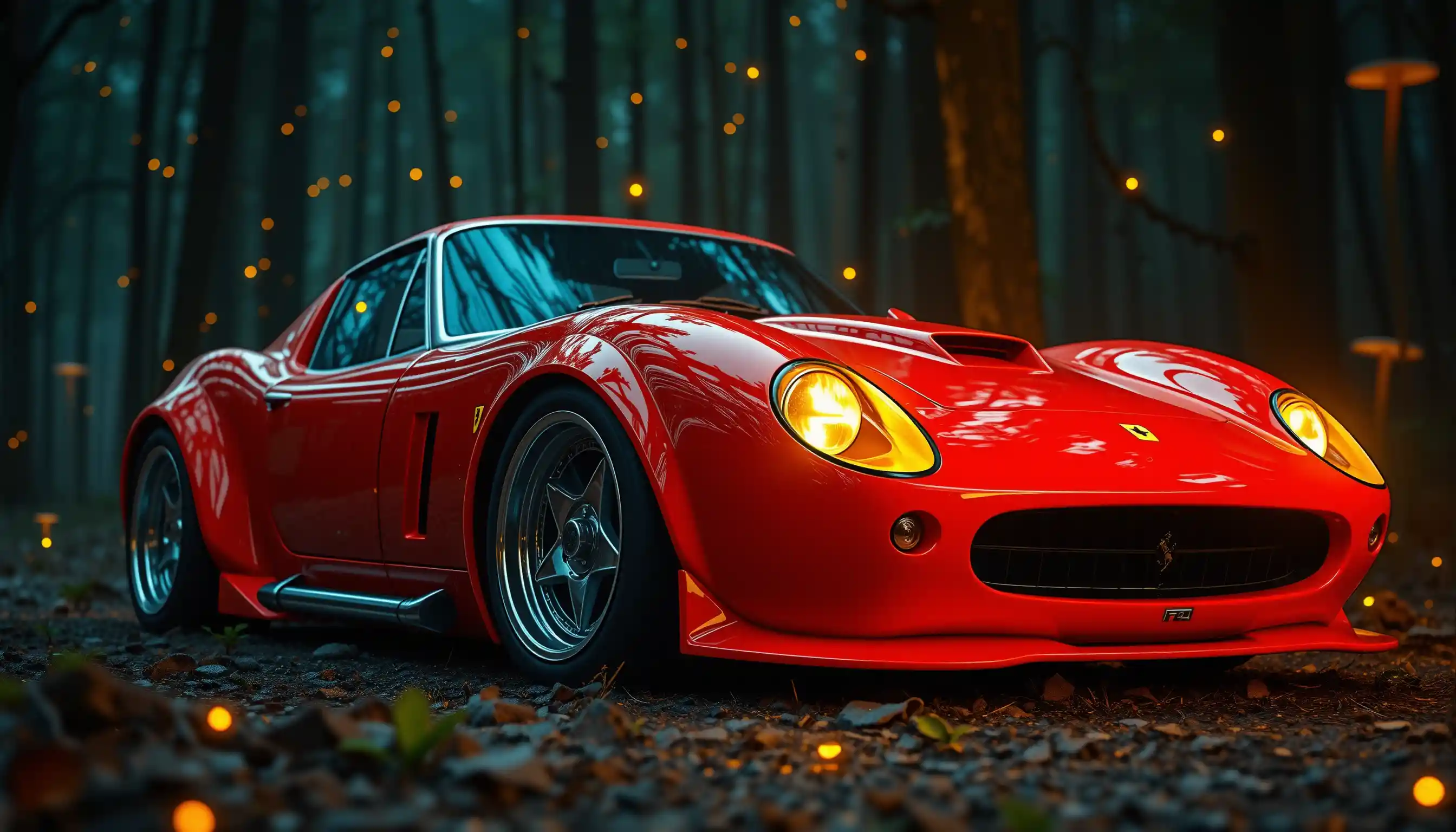 Photorealistic sports car in a glowing fantasy forest