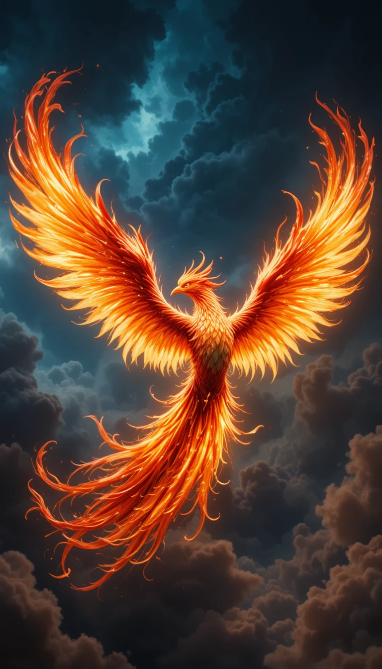 Fiery phoenix bursting into flight through stormy glowing sky